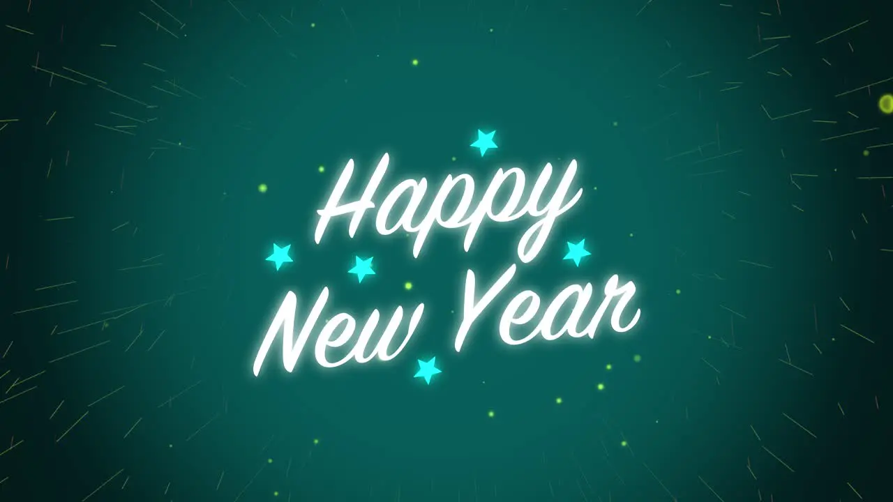 Animated motion graphics white happy new year celebration with light stars and fireworks alpha looping particle glow visual effect text title background 4K teal aqua