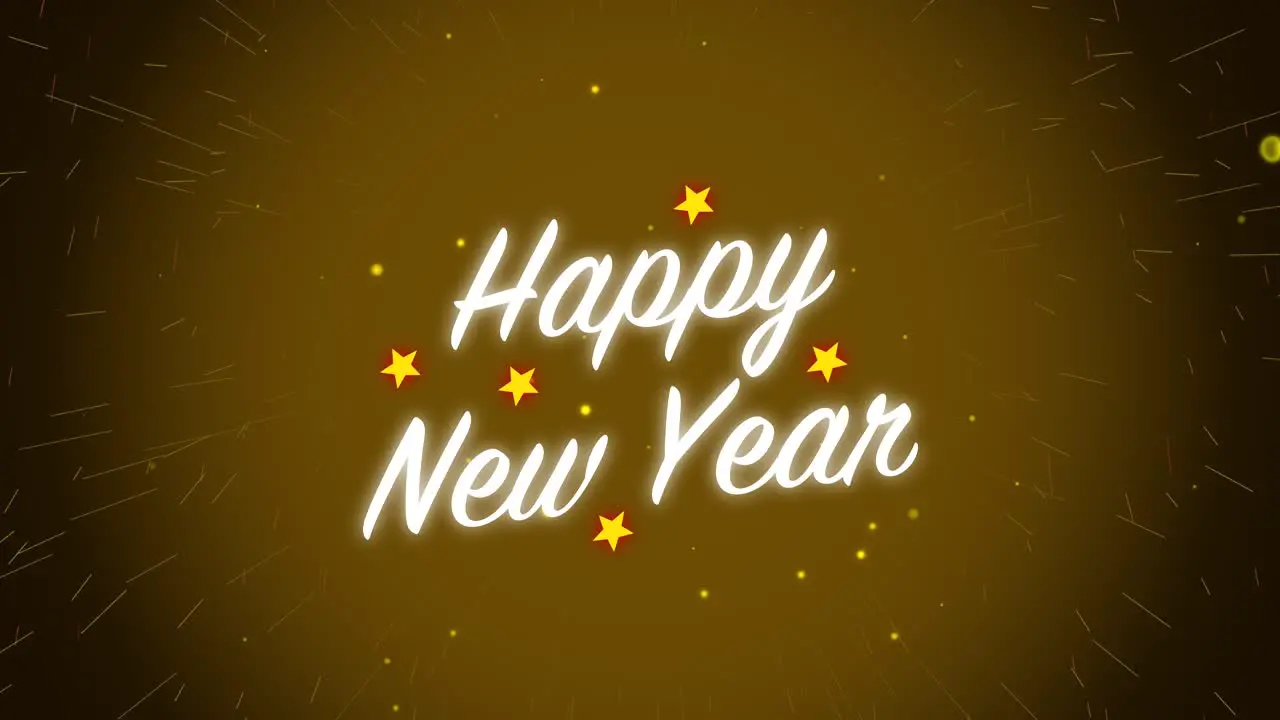 Animated motion graphics white happy new year celebration with light stars and fireworks alpha looping particle glow visual effect text title background 4K orange gold