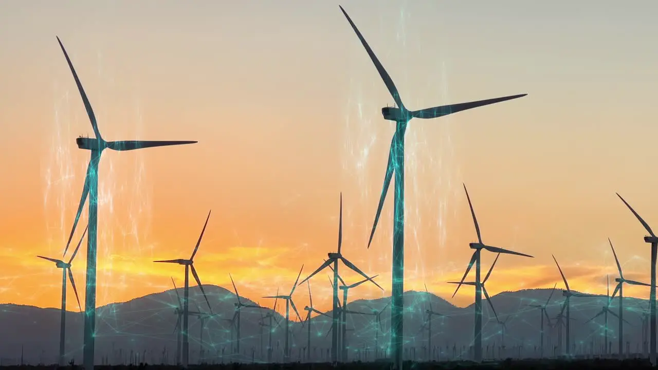 Sunset Eolic wind farm with renewable energy visualisation animated VFX overlay