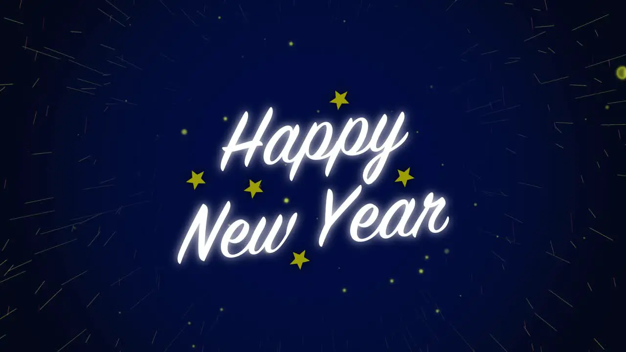 Animated motion graphics white happy new year celebration with light stars and fireworks alpha looping particle glow visual effect text title background 4K blue navy