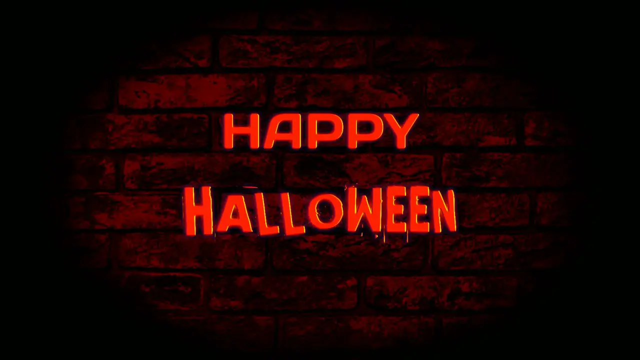 4K animation of neon sign Happy Halloween text animation on brickwall background