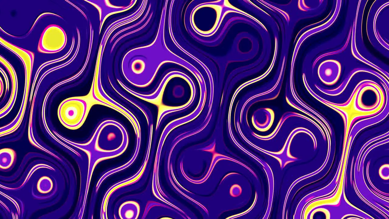 Animation of seamless pattern of glassy purple and yellow swirls and circles