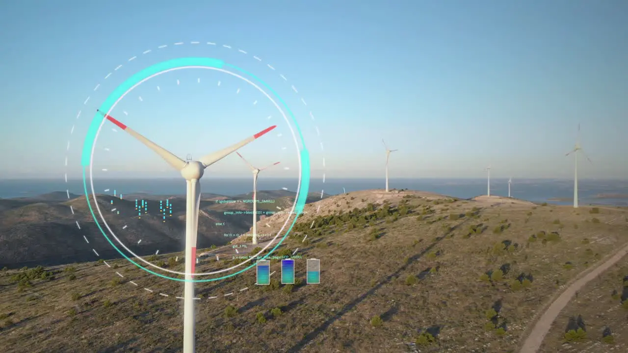 Wind turbine with holographic HUD display technology data visualization 3D render