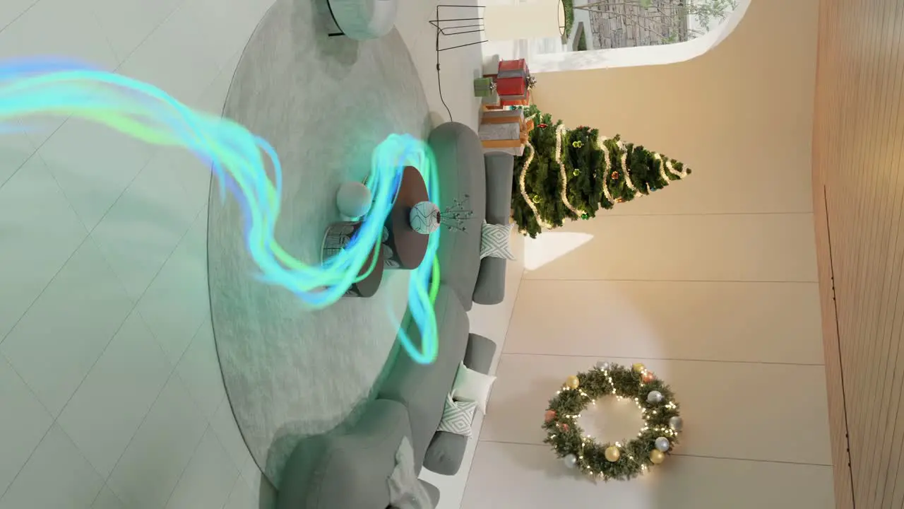 Glowing line moving through a christmas decorated living room VFX render vertical