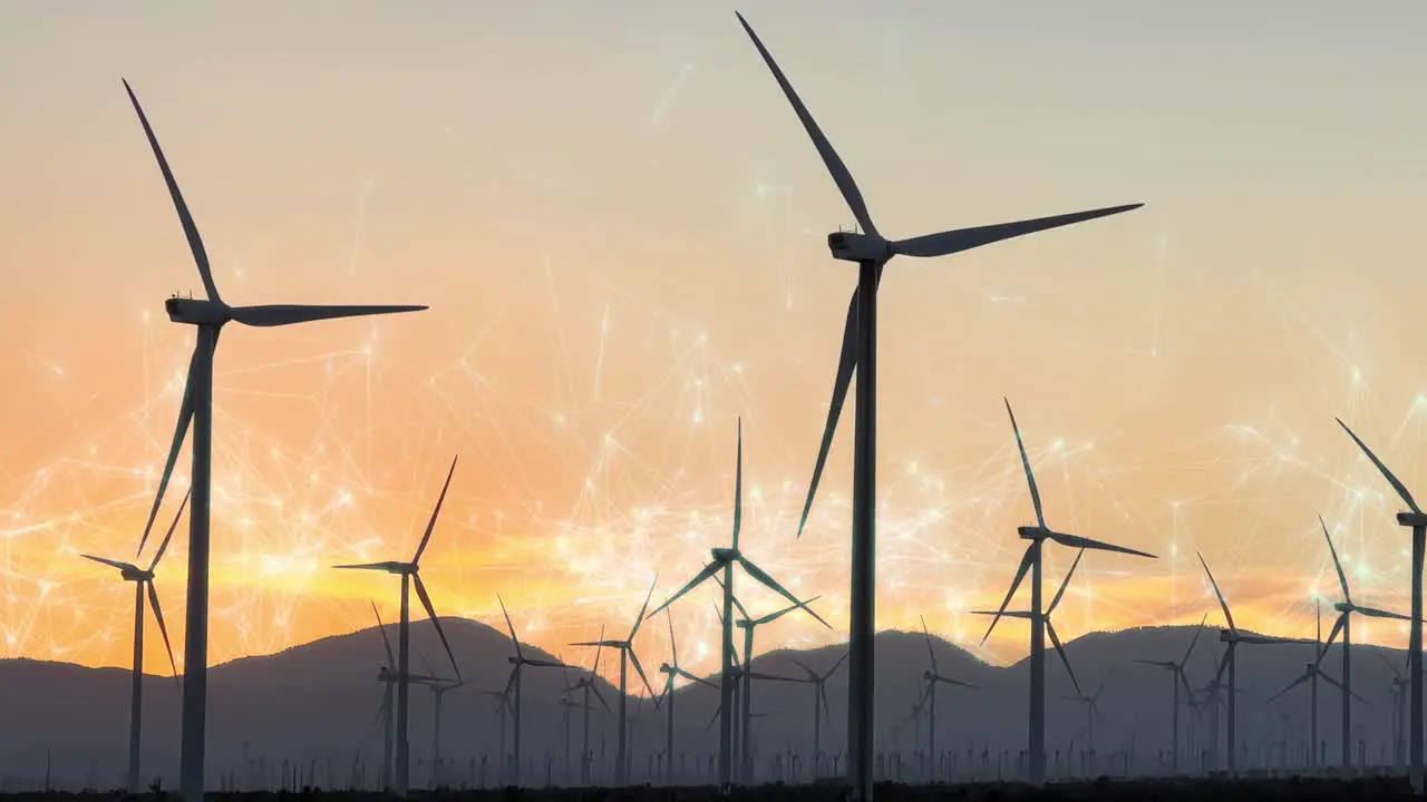 Wind Turbines with VFX overlay graphics at sunset renewable energy concept static shot