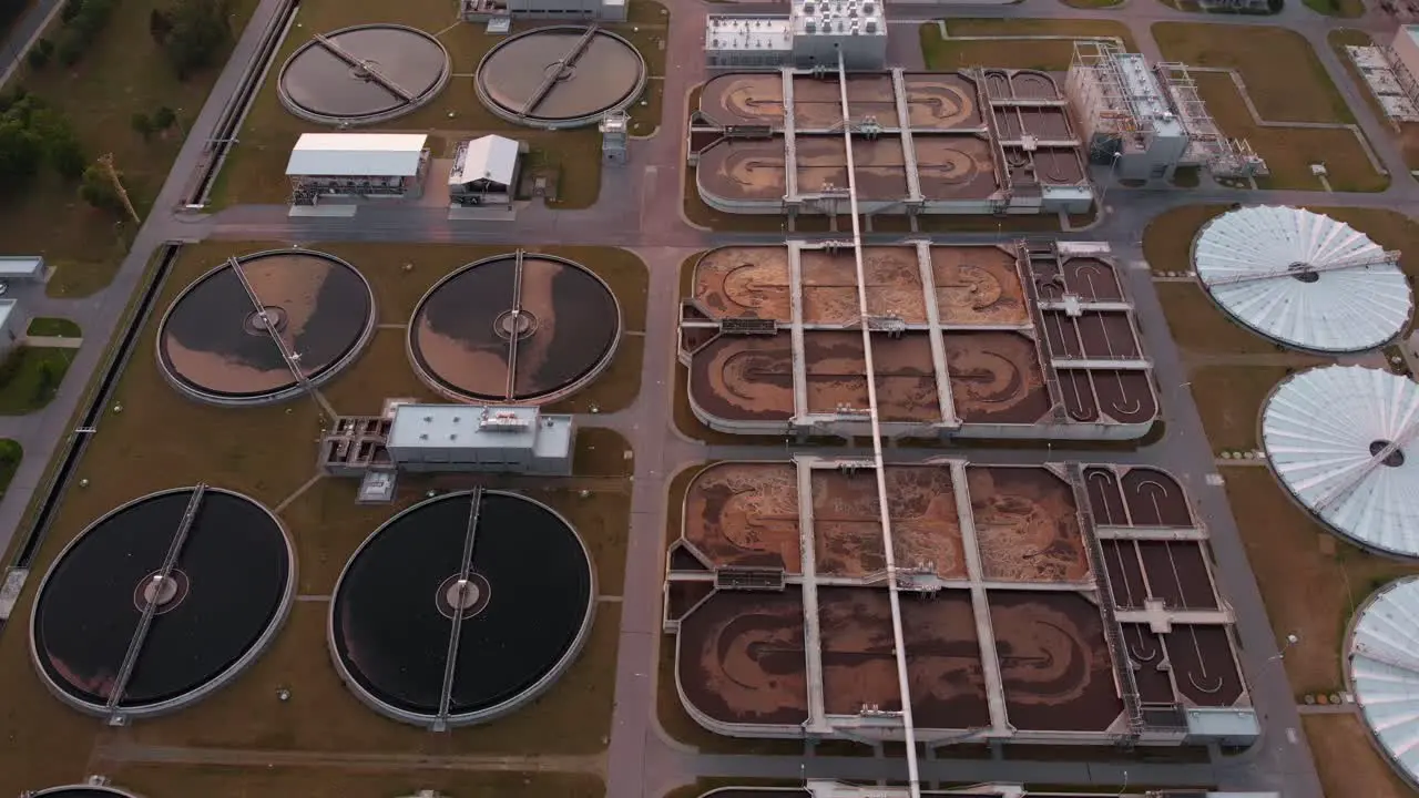 Aerial pan down over a large wastewater treatment facility