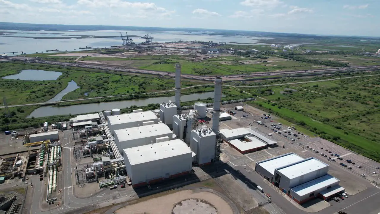 Grain CHP Power station Kent UK shut down due to chimney storm damaged drone aerial view