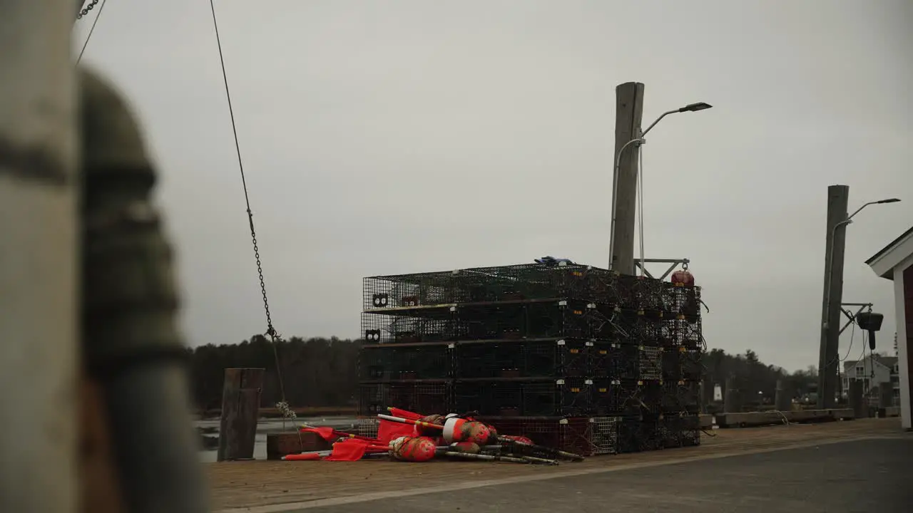 Unique shot of Maine lobster traps and fishing buoys