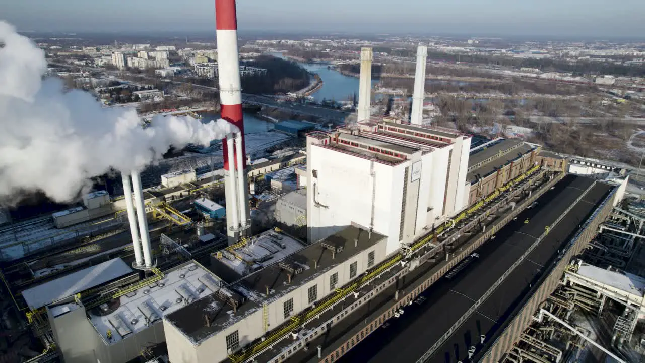 Aerial dolly back view from gas turbine plant during winter