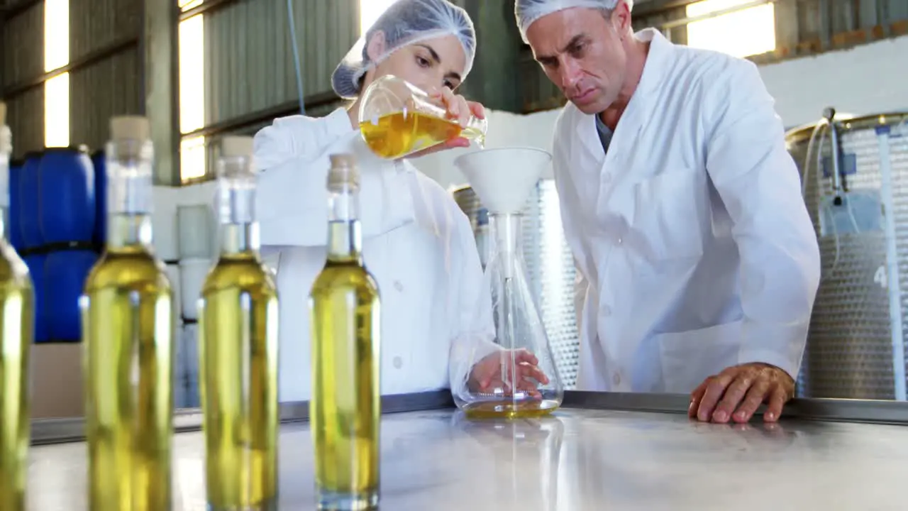 Technicians examining olive oil 4k