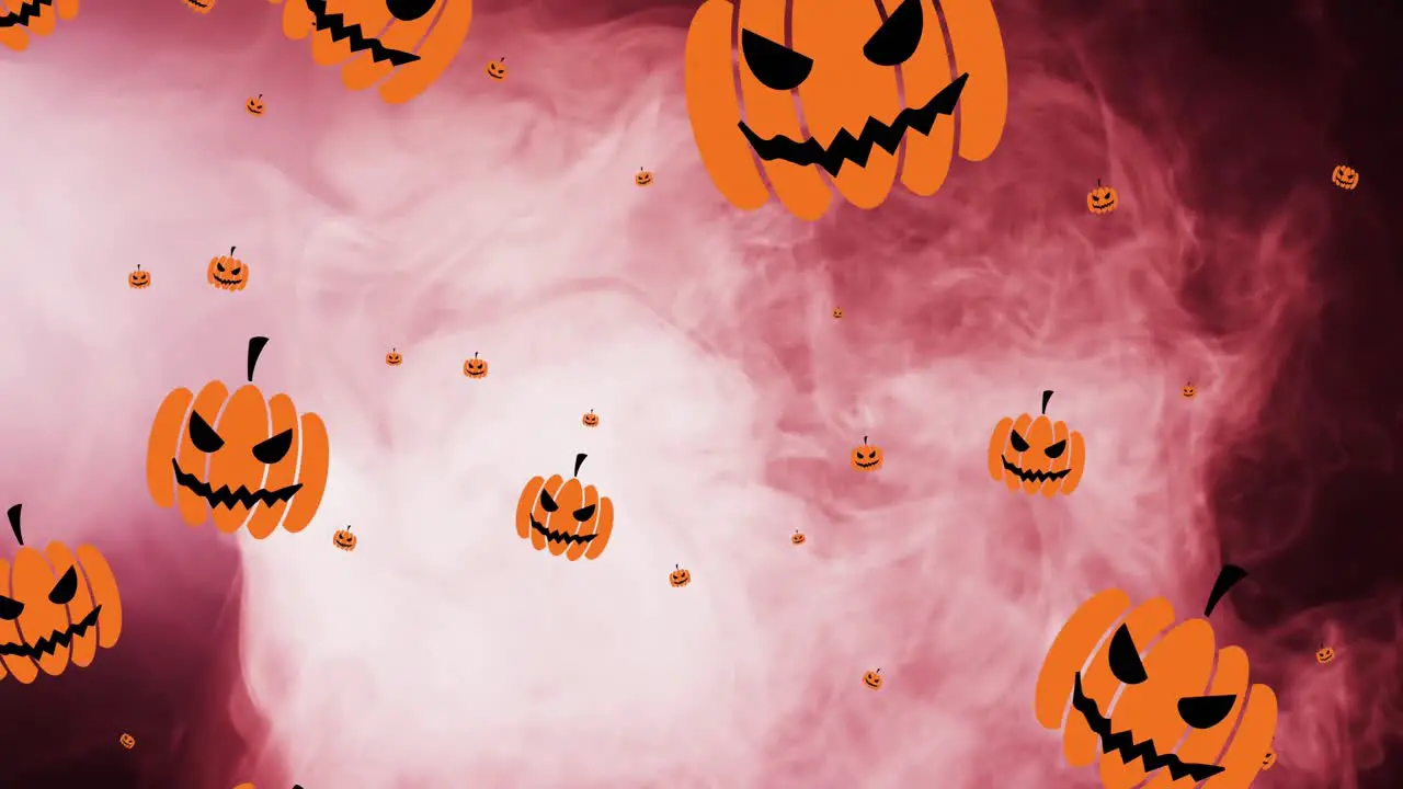 Animation of halloween pumpkins over pink smoke background