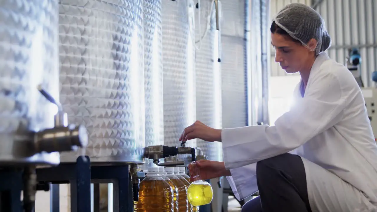 Female technician examining olive oil