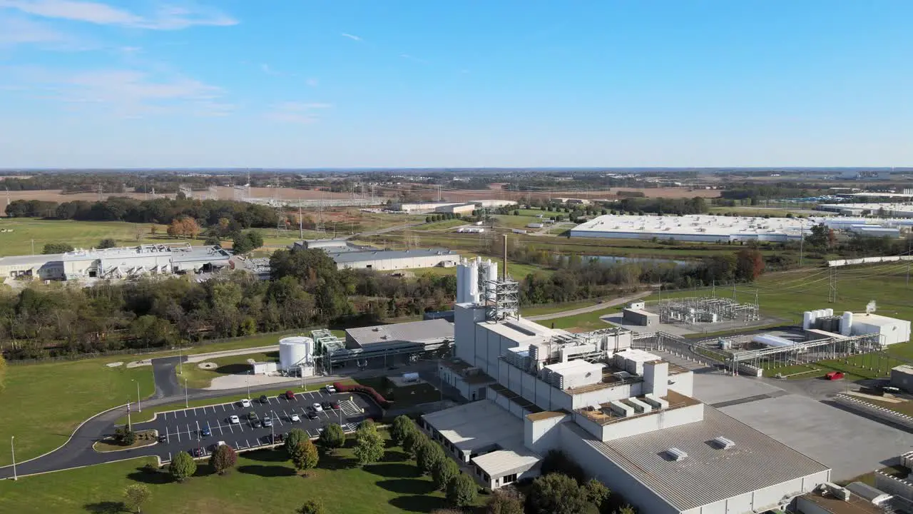 Aerial flyover of manufacturing factory