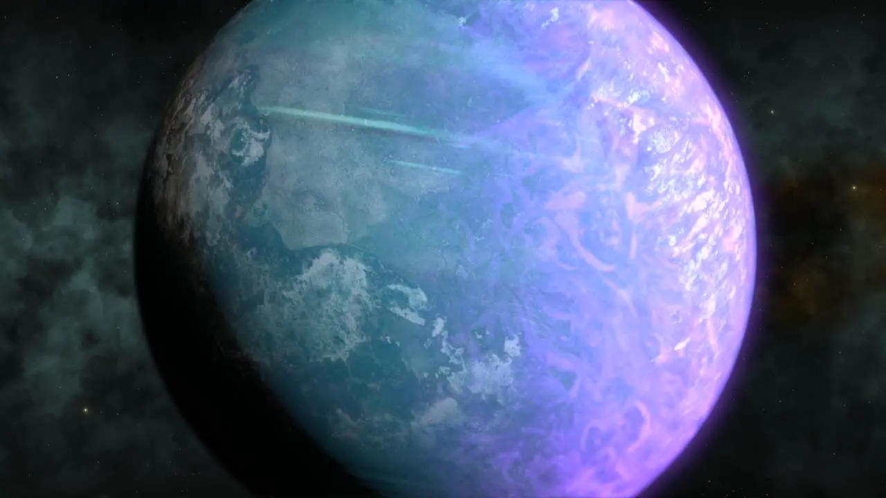 Close up journey towards unexplored rotating super earth like exoplanet in distant space CGI universe