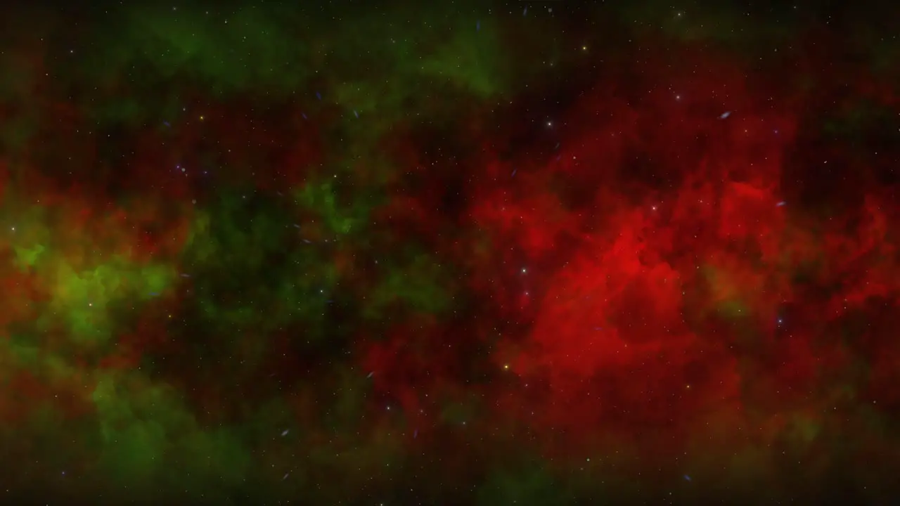 CGI universe zoom through of stars in red green cloudy nebula in space wide view