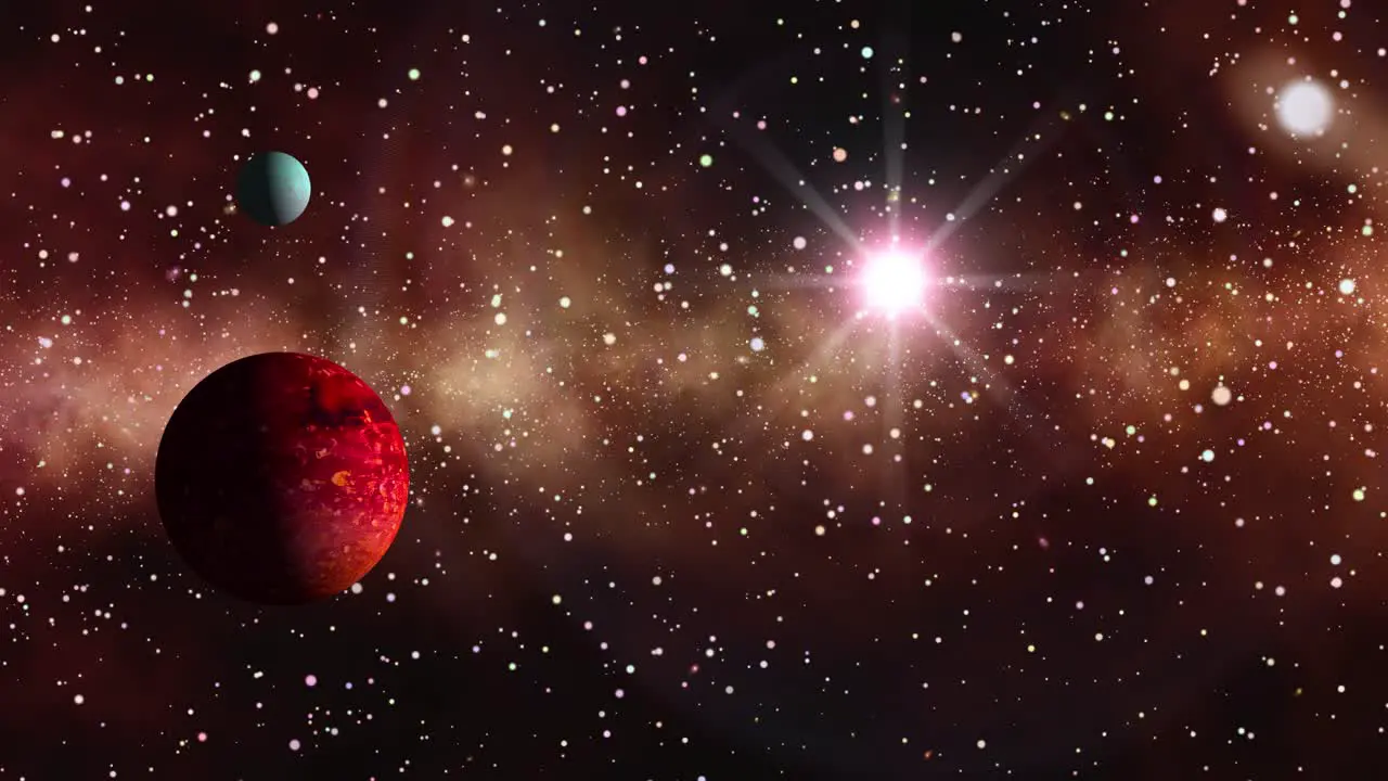 Outer space travel to a solar system with a blue and red planet and a nebula in the background