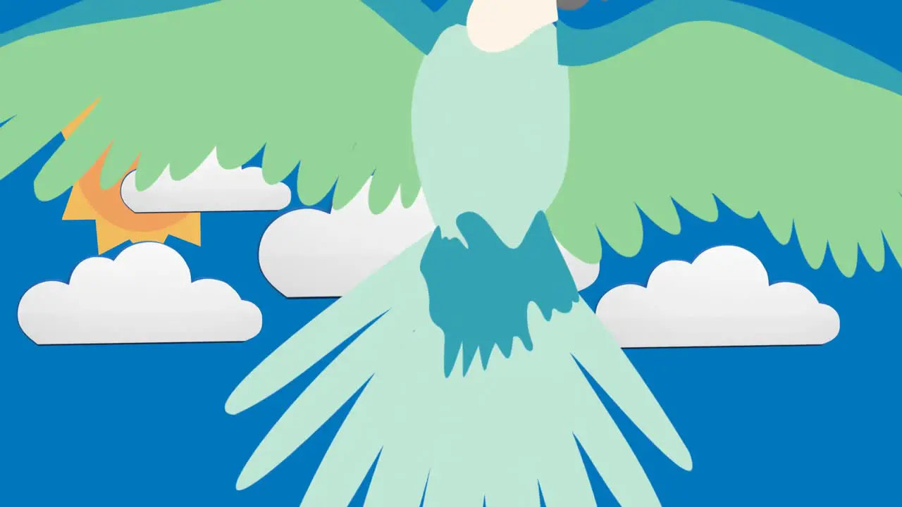 Animation of illustration of parrot flying over clouds on blue background