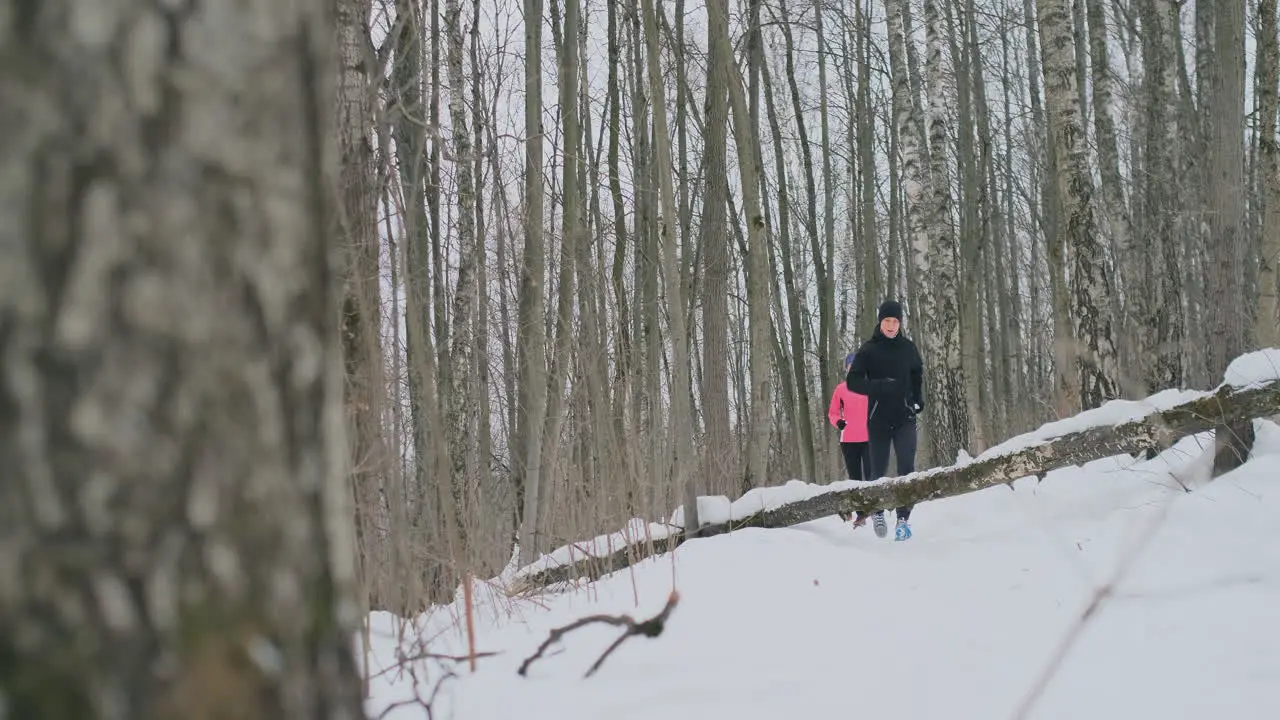 Positive beautiful young healthy couple running with sportswear through the forest in the sunny winter morning Jump over the tree overcome the difficulties of the path step over an obstacle