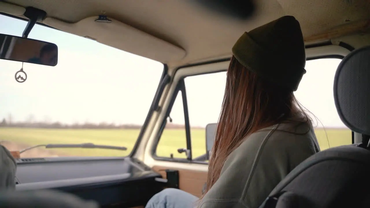 Young Red Haired Girl With Old Braces As Co Pilot In A Caravan