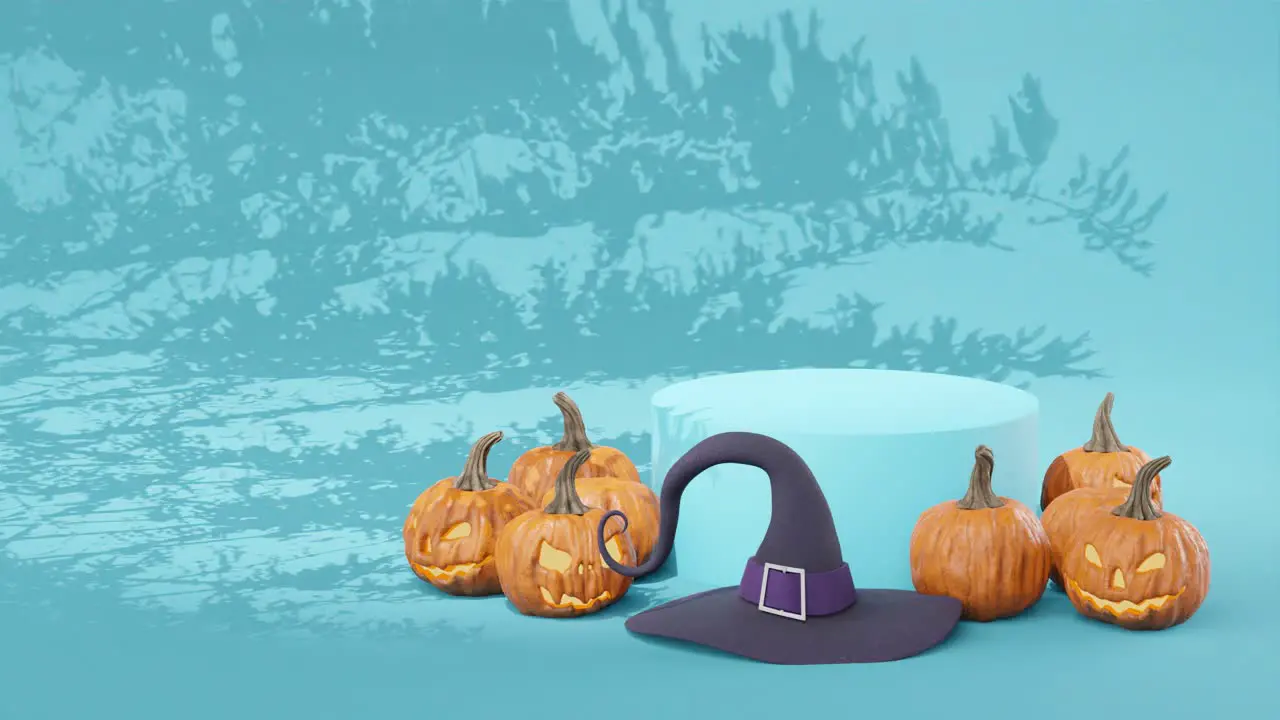 halloween sale october sales banner blue background spooky carved pumpkins october holiday halloween discount witch hat alewife hat decoration 3d rendering 3d animation marketing 4k