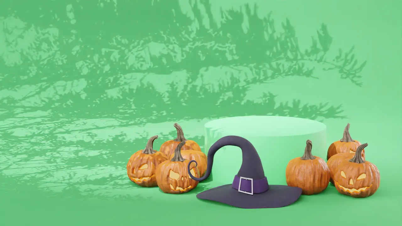 halloween sale october sales banner green background spooky carved pumpkins october holiday halloween discount witch hat alewife hat decoration 3d rendering 3d animation marketing 4k