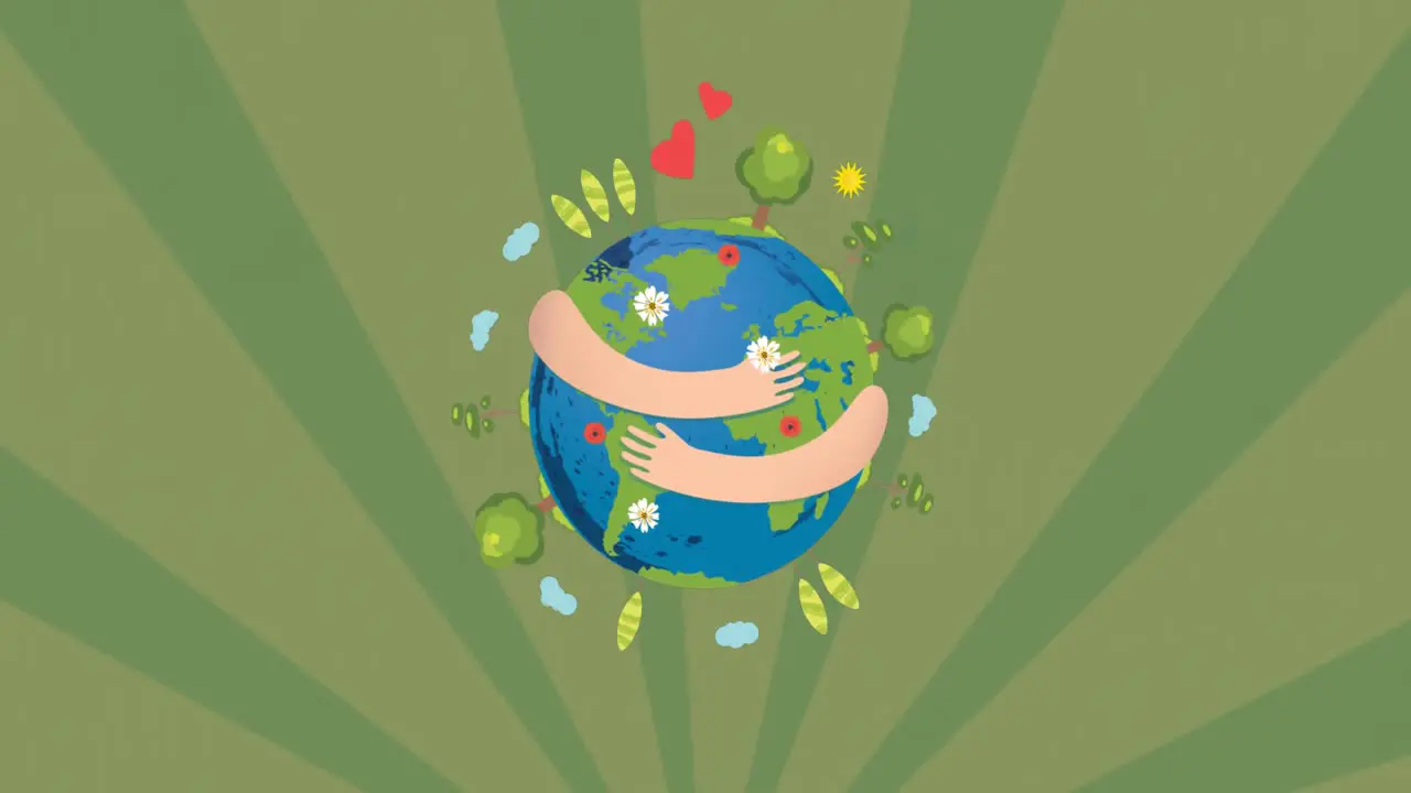 Animation of globe with arms and trees over spinning green stripes