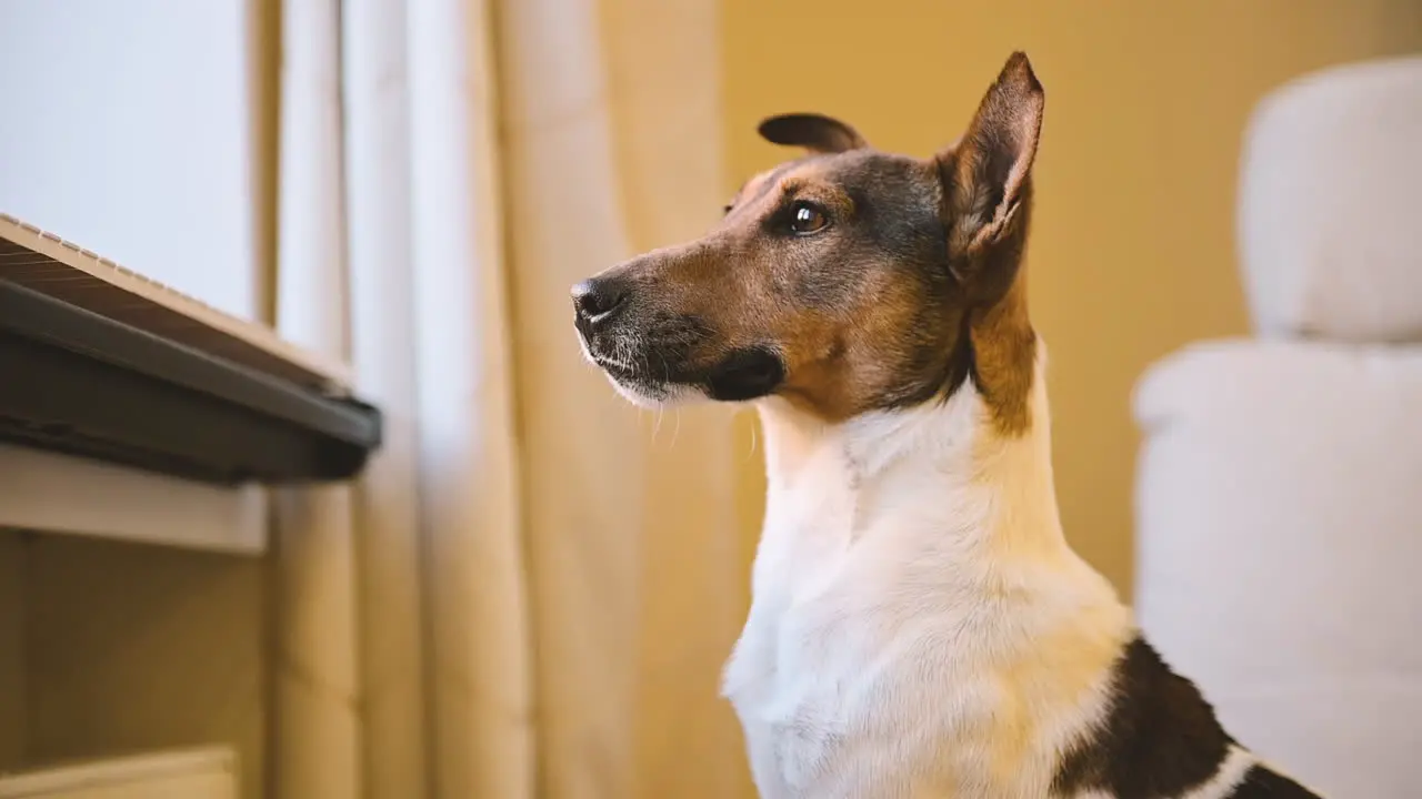 Camera Focuses On A Dog Sitting On The Floor And Looking Out The Window 1