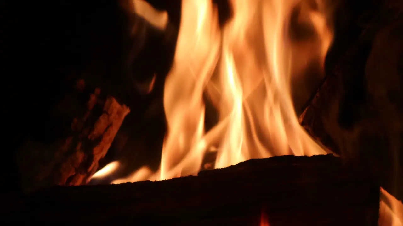 Fireplace close up of timber logs burning with flames