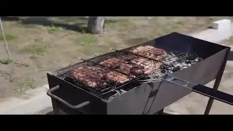 Meat grilled on the grid Food for barbecue party Male hand is splashing water to eliminate fire and turning the grid around