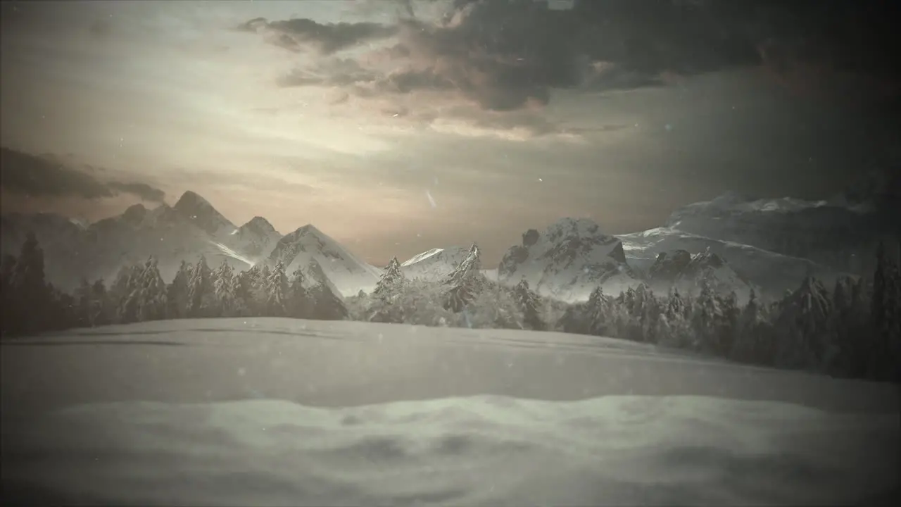 Animated close up mountains and snowing landscape