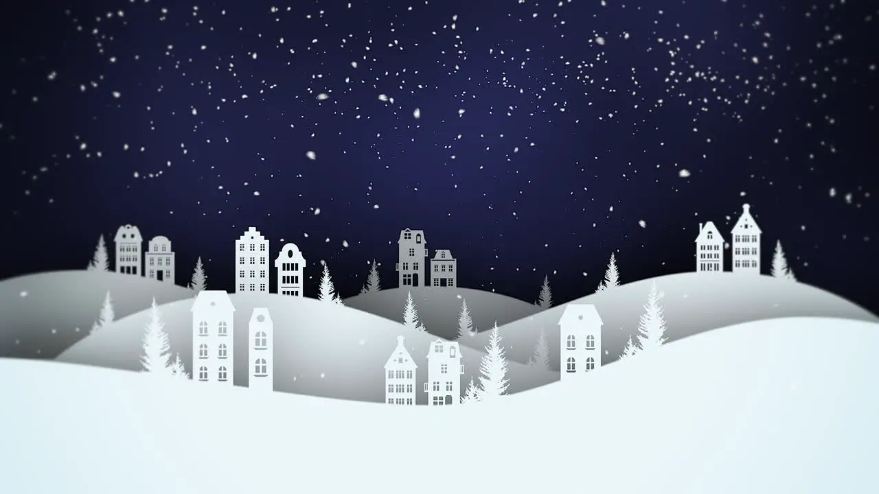 Animated closeup night village and snowing landscape 2