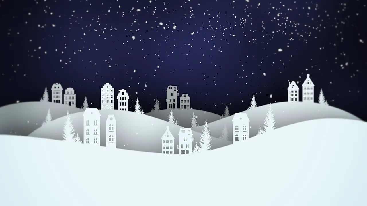 Animated closeup night village and snowing landscape 1