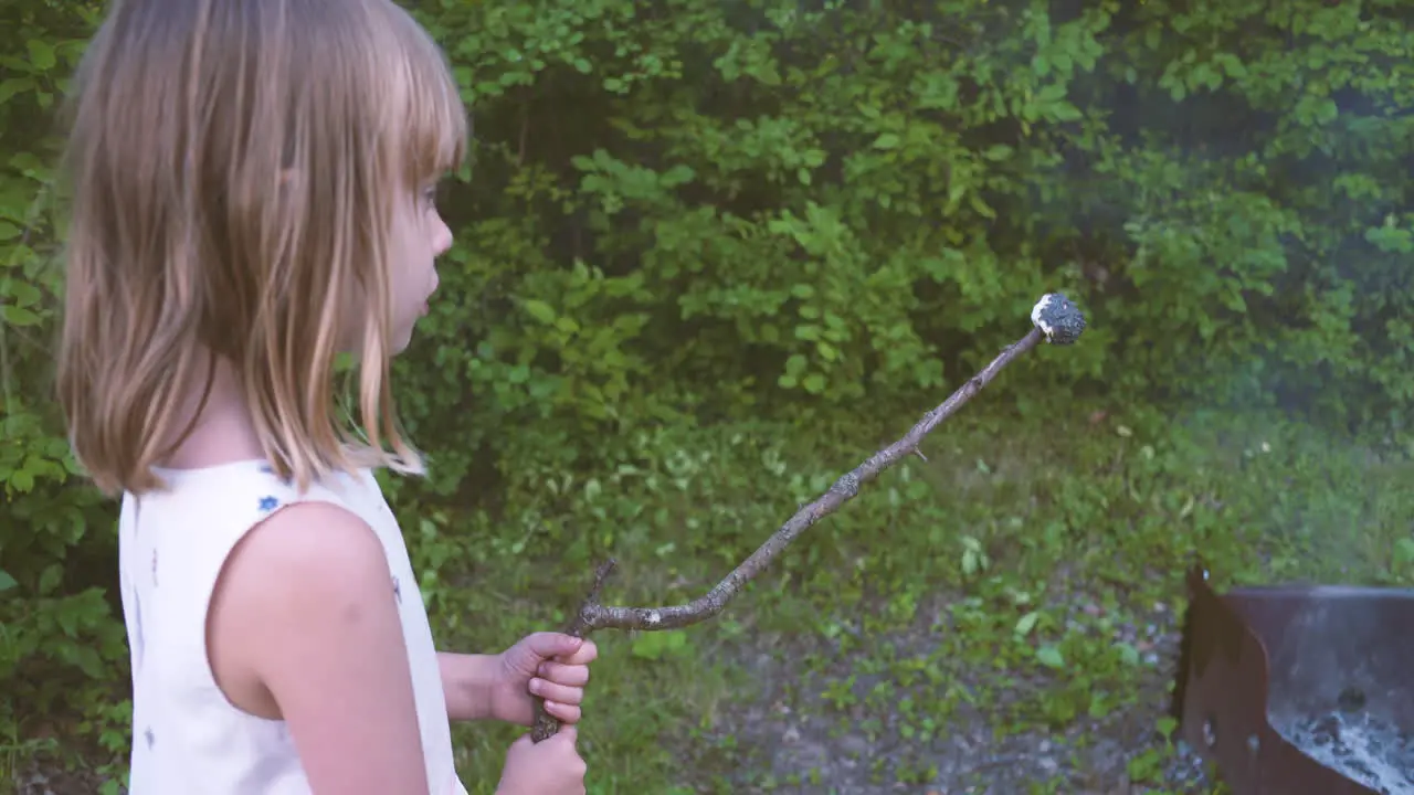 A little girl roasting a marshmallow by a campfire