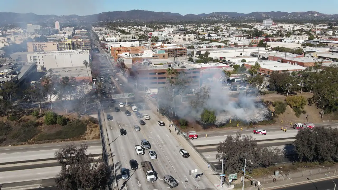 Aerial Brush fire Burning on freeway