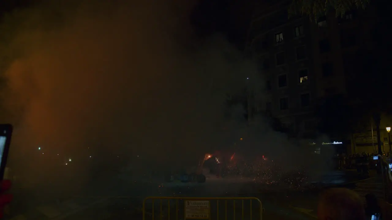 Fireworks and big bonfire at Las Fallas night Festival in Spain