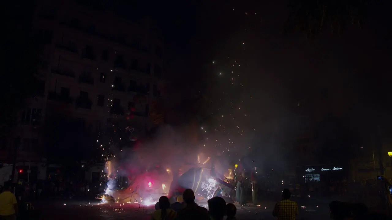 Fireworks and ninot display at celebration night of Las Fallas Spain