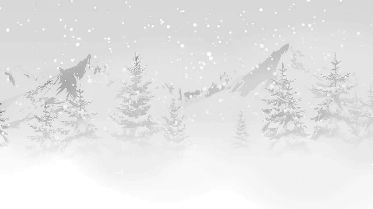 Christmas trees in forest around mountains and white snowflake 1