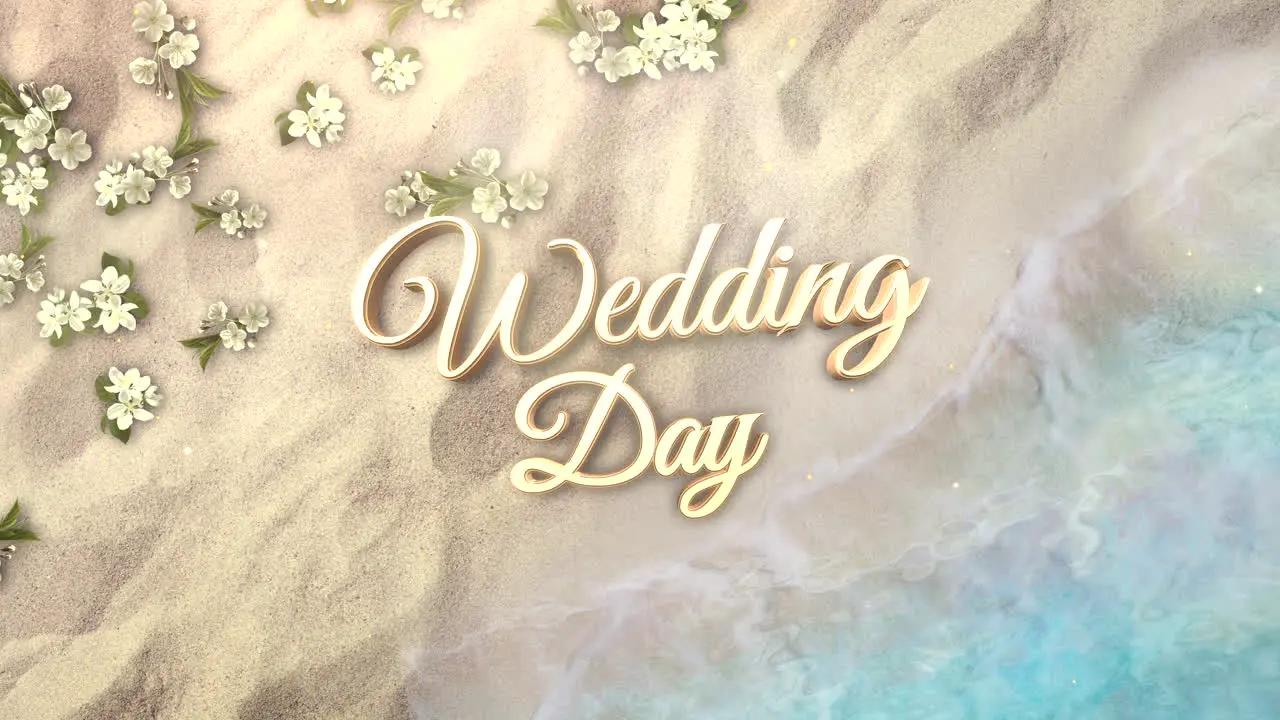 Closeup text Wedding Day and sandy beach with blue waves of ocean