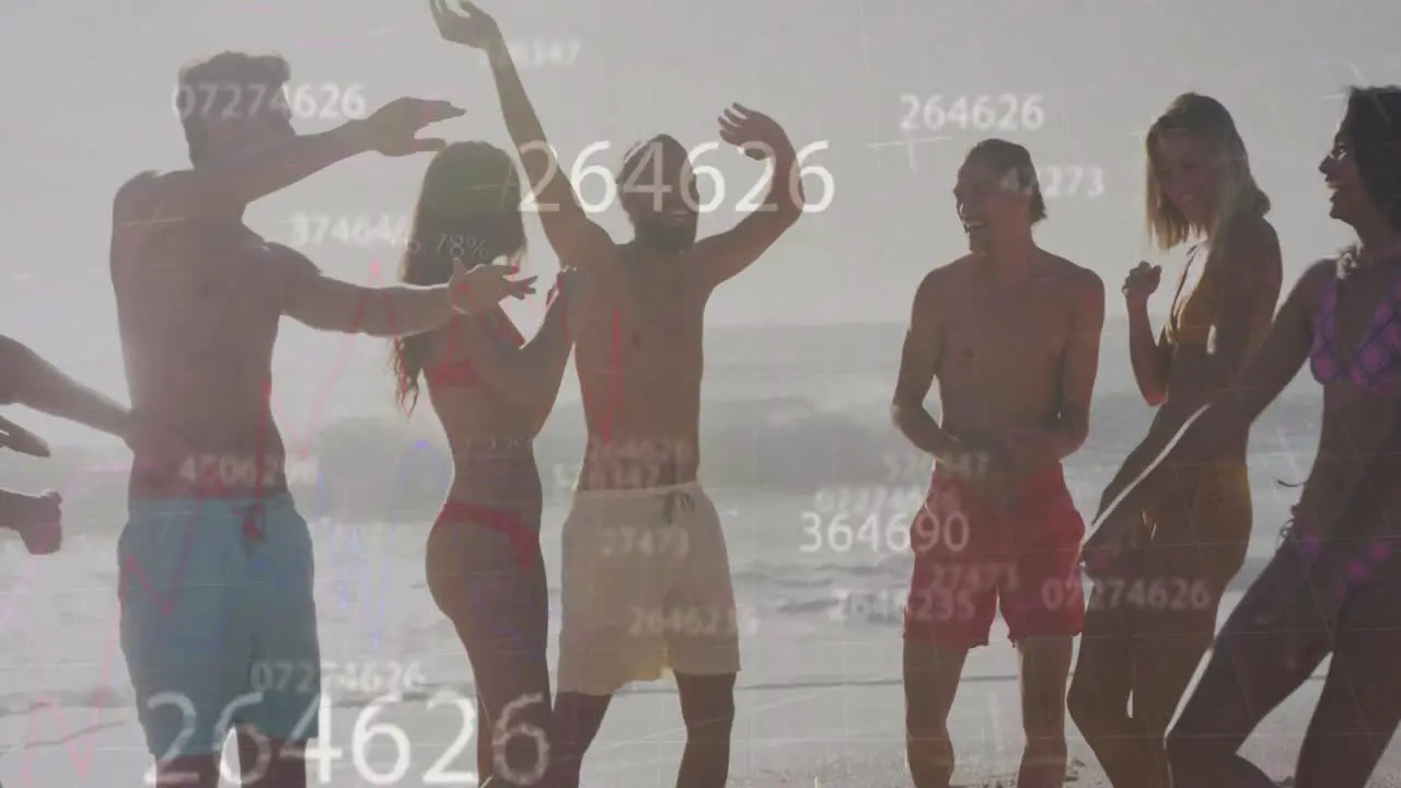 Multiple changing numbers against group of diverse friends dancing and enjoying on the beach