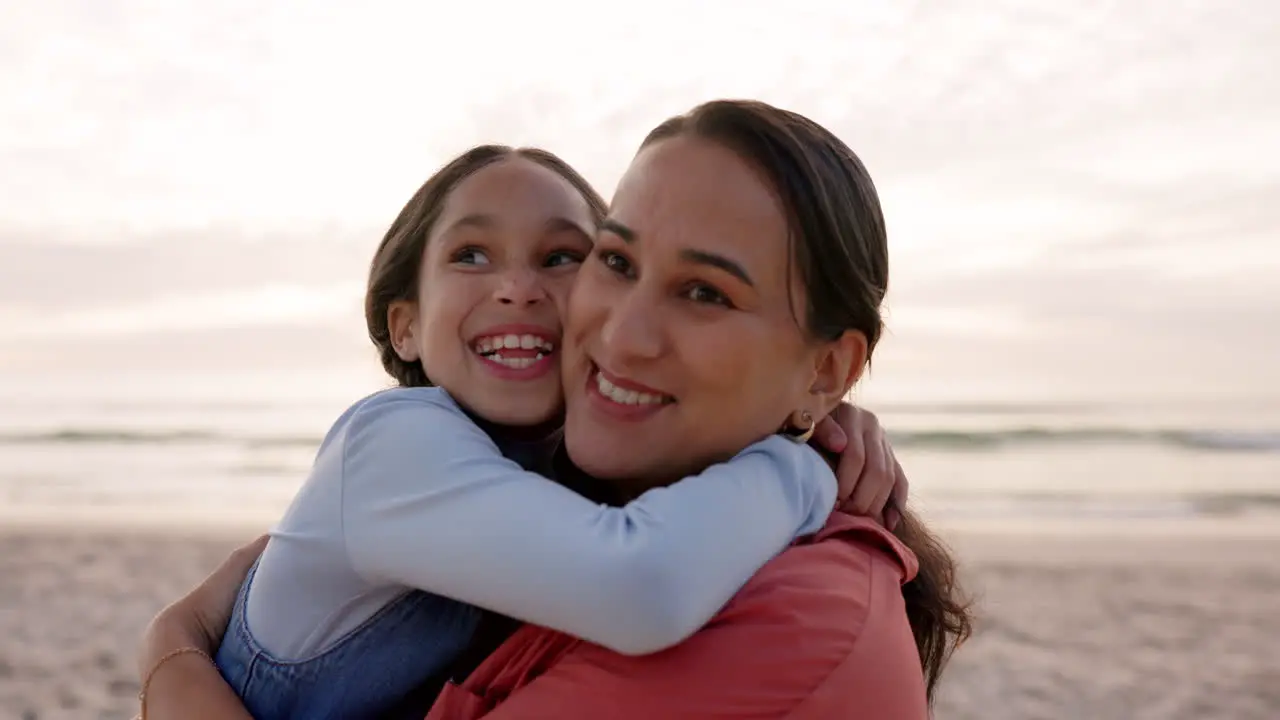 Mother child and hug outdoor at beach on family