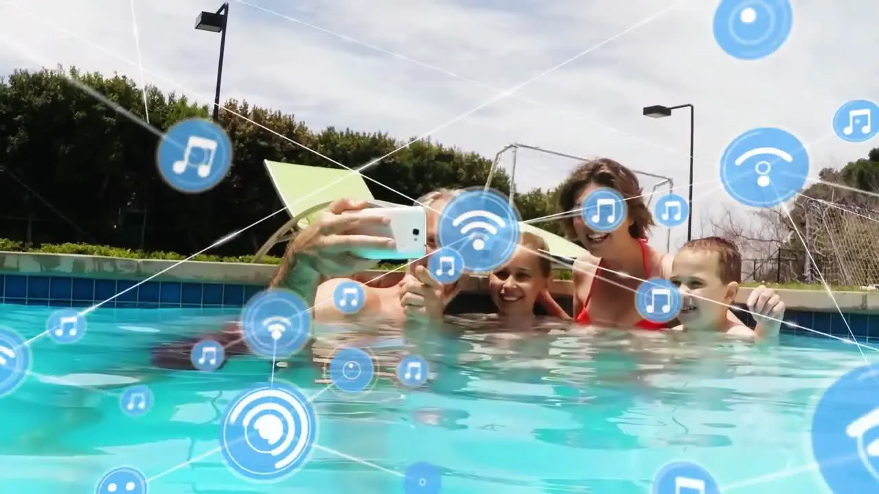 Animation of network of digital icons against caucasian family taking a selfie in the pool