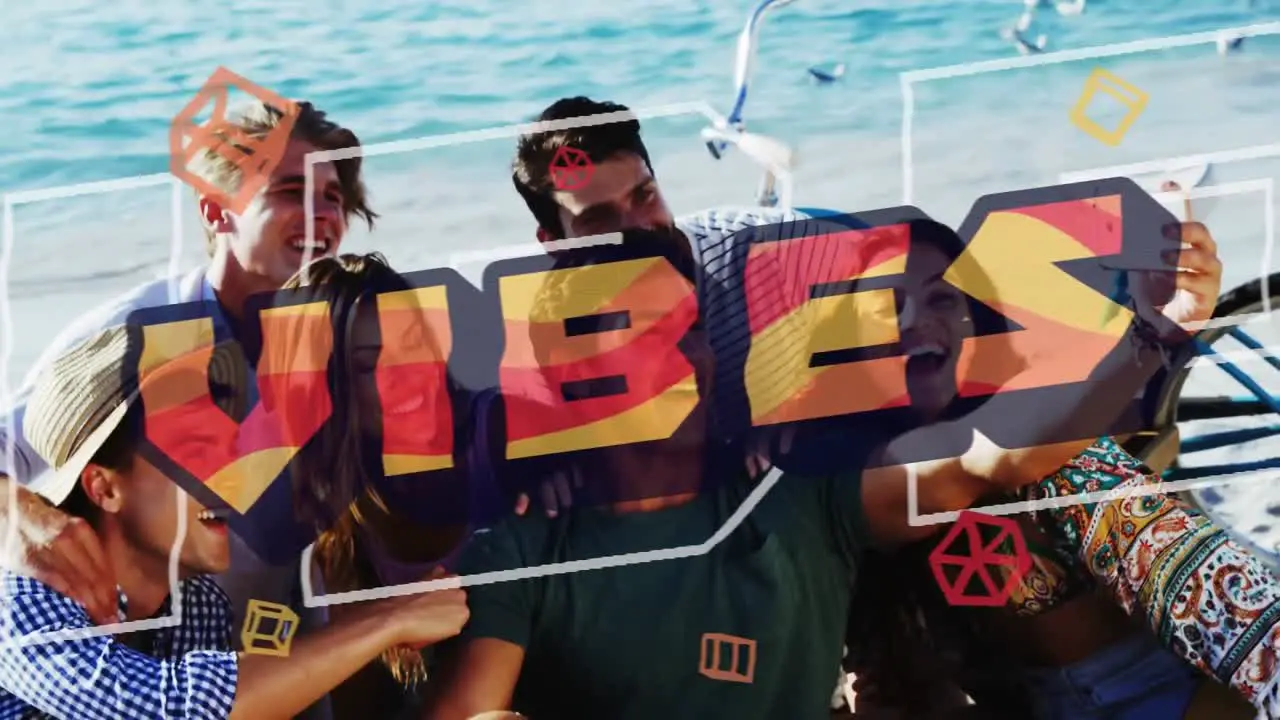 Abstract shapes over vibes text against group of friends talking a selfie at the beach