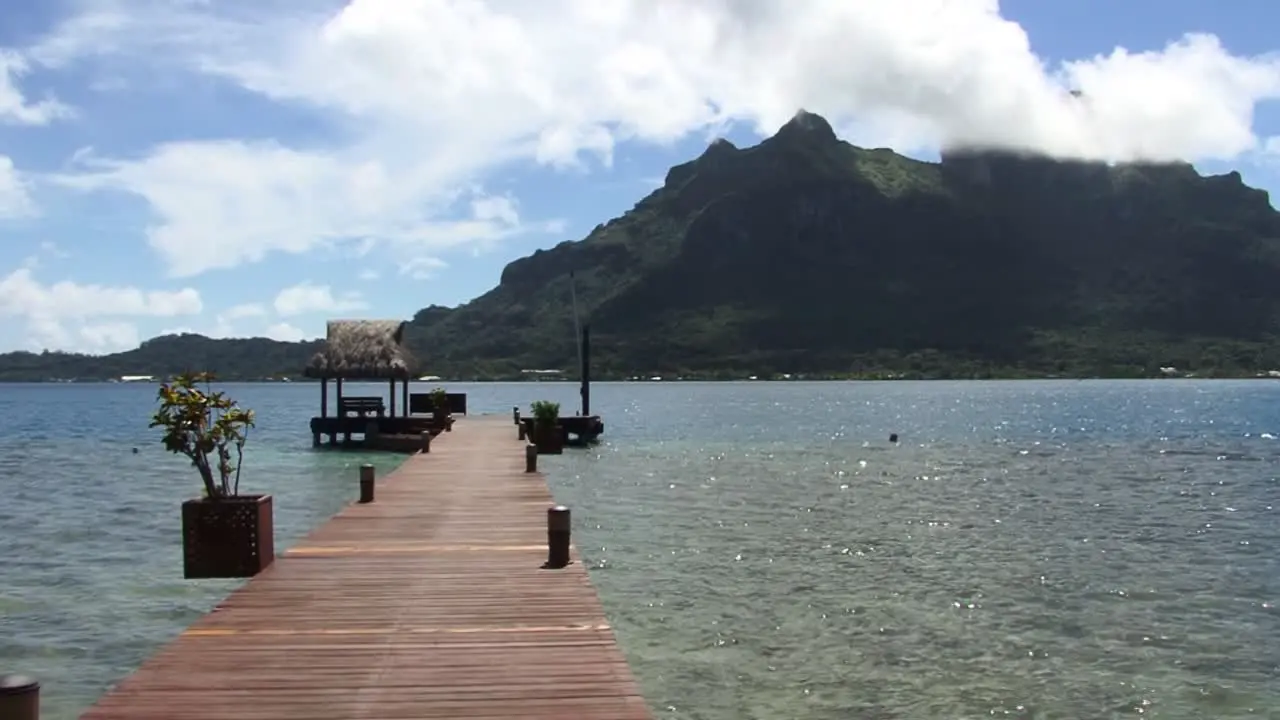 Small pontoon in Bora Bora and view to Mount Otemanu French Polynesia