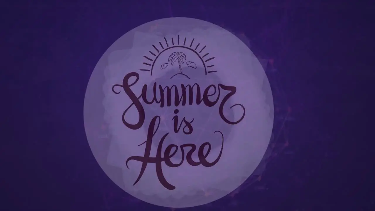 Animation of summer is here in violet circle on violet background