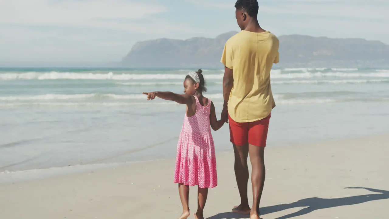 African american father and daughter holding hands walking at the beach