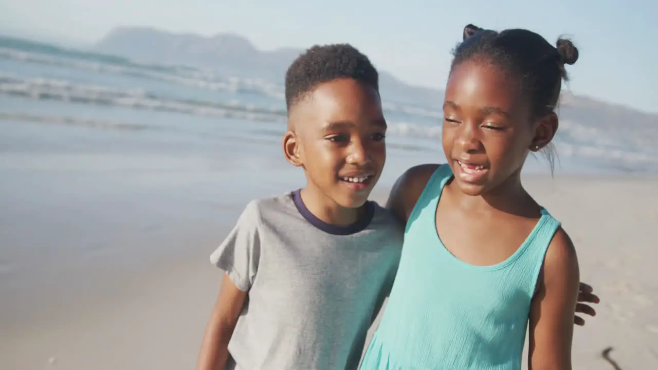 Portrait of african american brother and sister hugging each other at the beach