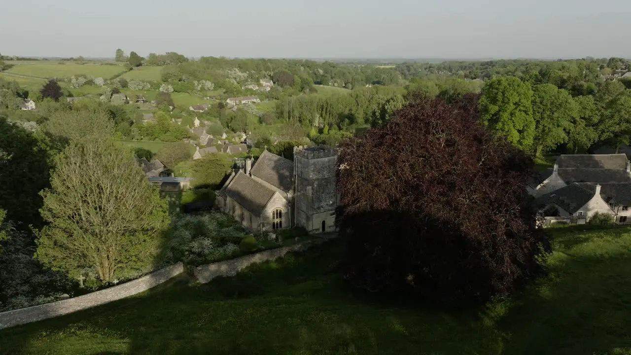 Cotswold Village Chedworth Church Spring Trees Aerial Landscape UK Countryside