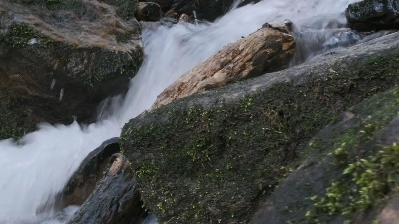 Shallow depth of field dolly side shot of water flowing in springtime down a rapid stream with moss covered rocks