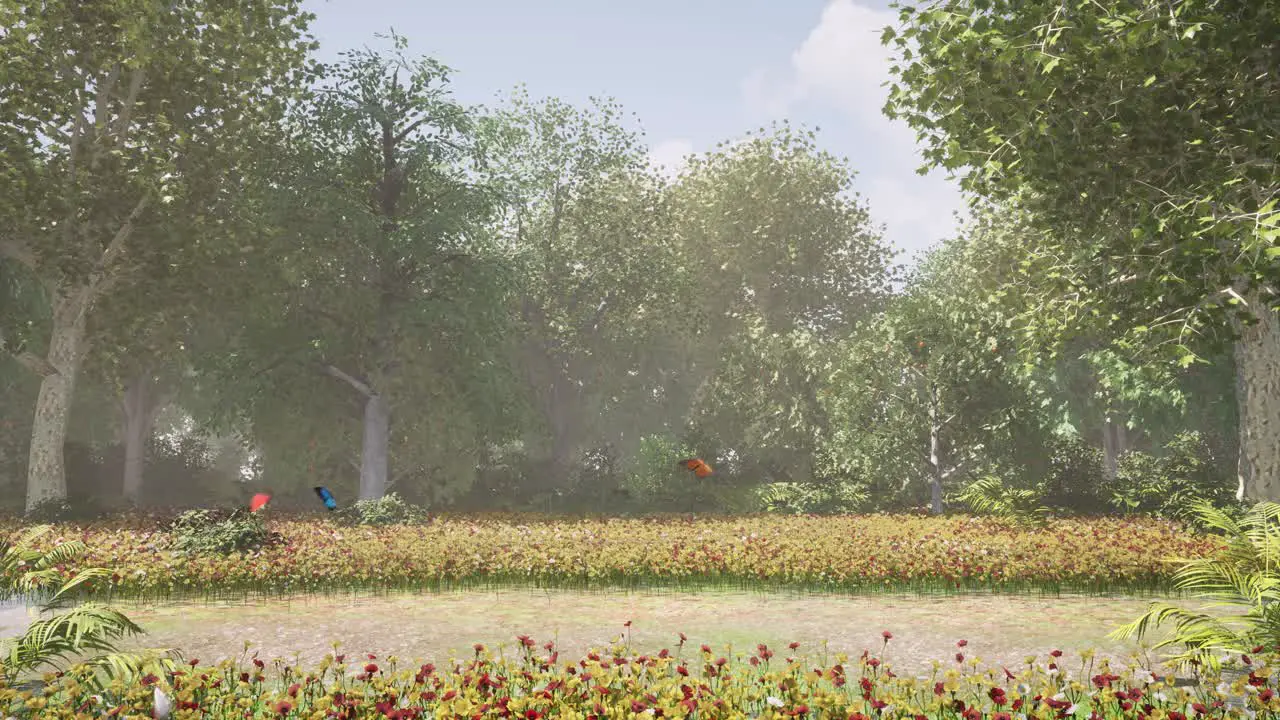 Springtime forest path scene with colorful flowers and butterflies flying around natural environment 3D animation