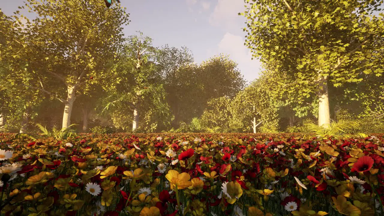 Springtime forest scene with colorful flowers and butterflies flying around natural environment 3D animation